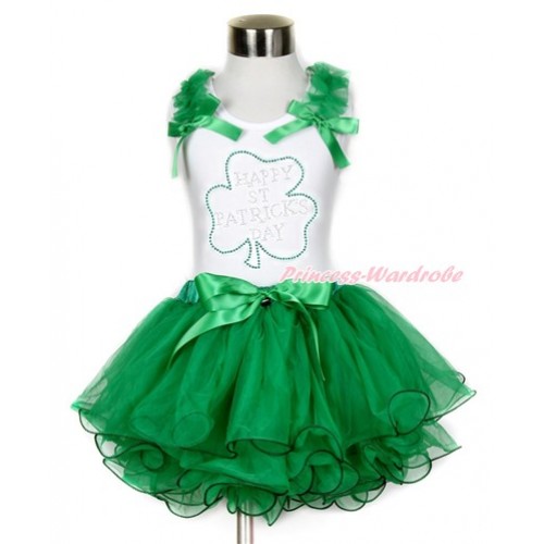 St Patrick's Day White Baby Pettitop with Kelly Green Ruffles & Kelly Green Bow with Sparkle Crystal Bling Rhinestone Clover Print with Kelly Green Bow Kelly Green Petal Newborn Pettiskirt NN172 